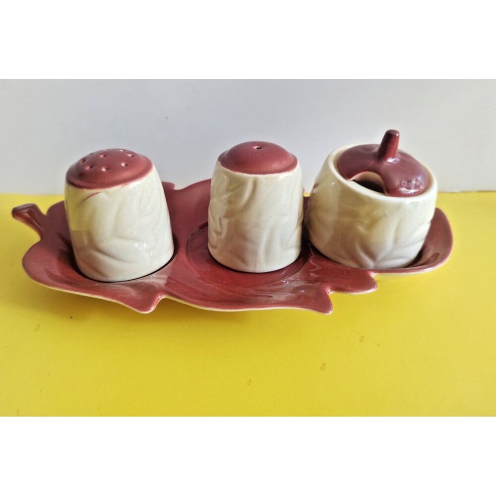 Vintage Carlton Ware England Cruet Set Leaf Twin Tone Design Beige & Brown